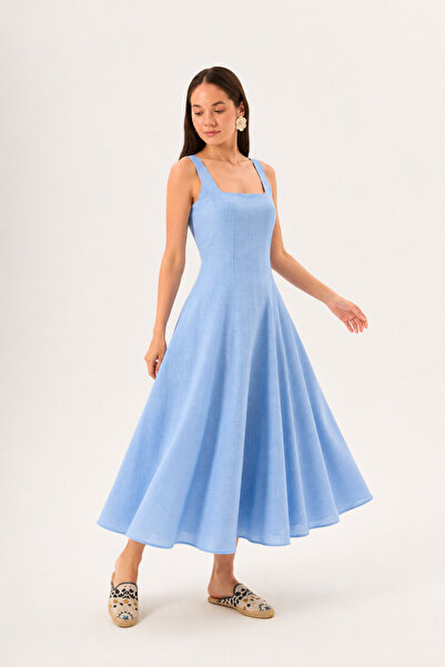 LADYA COLLECTION Rochie midi din bumbac, albastră, cu bretele, decolteu pătra...