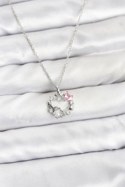 Toptan Bulurum 316L Steel Chain Silver Color Pink Stone Detailed Wreath Model...