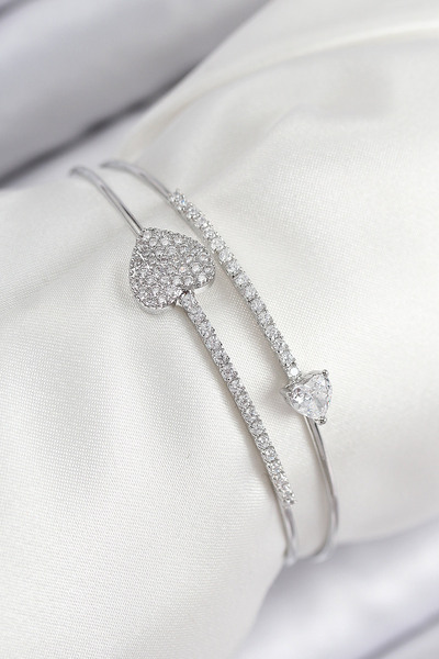 OGHAMAY Brass Zircon Stone Heart Model Silver Color Women's Bracelet