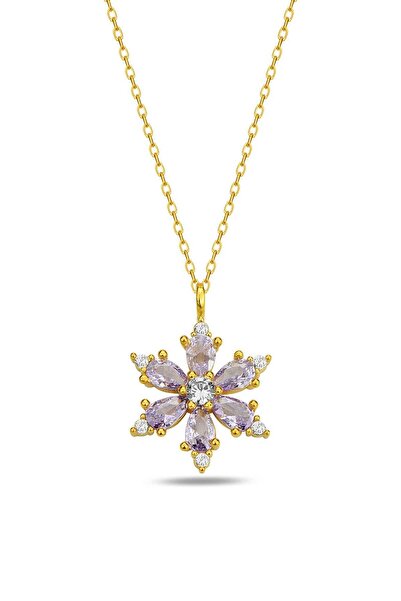 OGHAMAY Gold Color Lilac Drop Stone Lotus Camellia Flower Steel Necklace - 3415