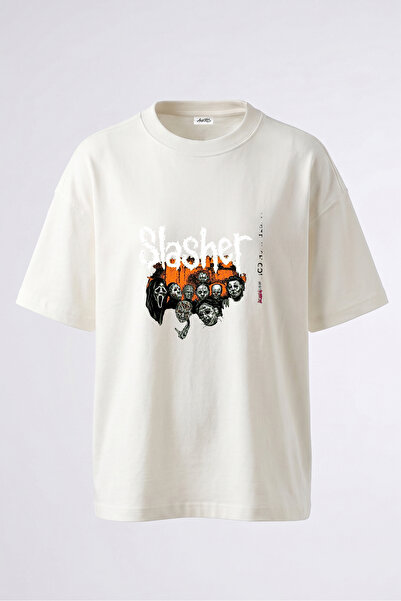 Anetos Tricou oversize alb din bumbac cu imprimeu pe spate Slasher Villains D...