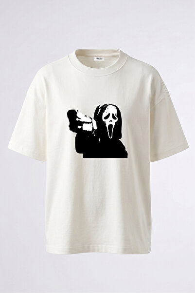 Anetos Tricou oversize alb din bumbac cu imprimeu pe spate Ghostface Design