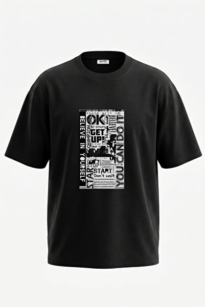 Anetos Tricou oversize negru din bumbac cu imprimeu pe spate cu design tipogr...