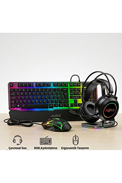 Auris OYUNCU KLAVYE-MOUSE-KULAKLIK SETİ , TÜRKÇE Q KLAVYE ,50MM DRIVER RGB KU...