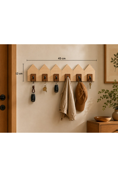Trend Kitchen Vicus House-Shaped Wooden Key Holder, Hallway Organizer, and Mini Clothes Hanger