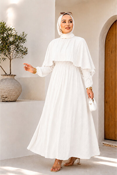 ASTEMİA Women's Cape Detailed Lined Seersucker Long Summer Hijab Dress Sb0043