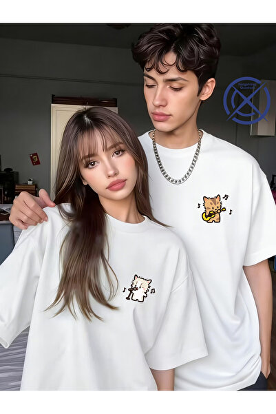 Ciel Lune Dear Combination T-Shirt Music Playing Cat Printed Unisex Oversize ...