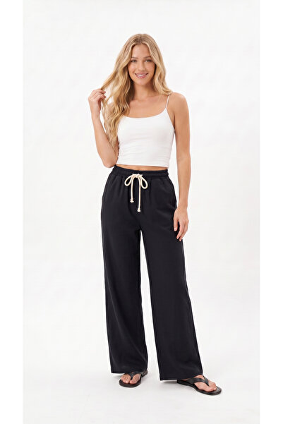 TKT Women's Muslin Palazzo Sweatpants Black Color Wide Leg High Waist
