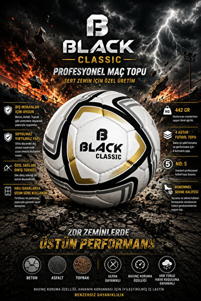 BLACK Classic No:5 Futbol Topu - Beton Asfalt Gibi Zeminler İçin Ultra Dayanı...
