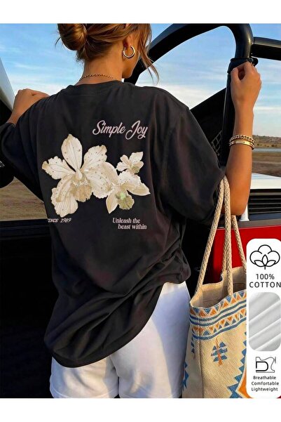 LELVANİ TRICOU NEGRU CU IMPRIMARE FLORALĂ ALBĂ SIMPLE JOY PENTRU FEMEI