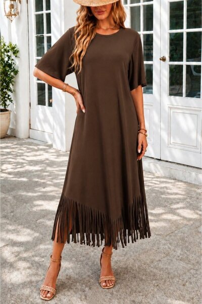 Generic Brand Rochie midi din viscoză, cu mâneci scurte, decolteu tip ciclism...