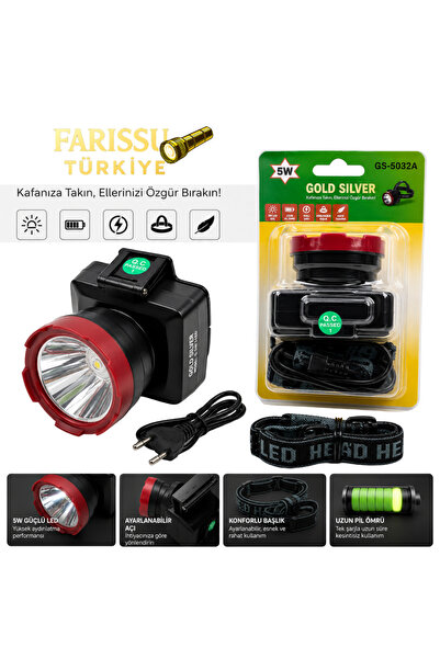 farissu Gold Silver GS-5032A 5W Şarj Edilebilir LED Kafa Feneri Lambası - 600...