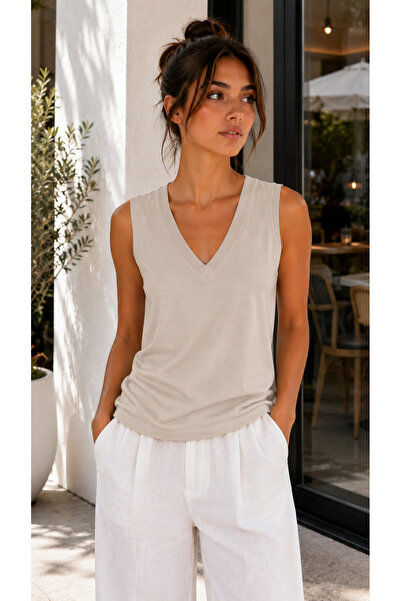 Hayalet Kadın V Yaka Kolsuz T-Shirt Ultra Soft Basic Bluz