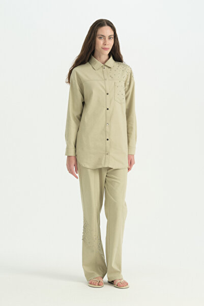 Nihan Shiny Stone Canvas Trousers Cotton Set - Thyme