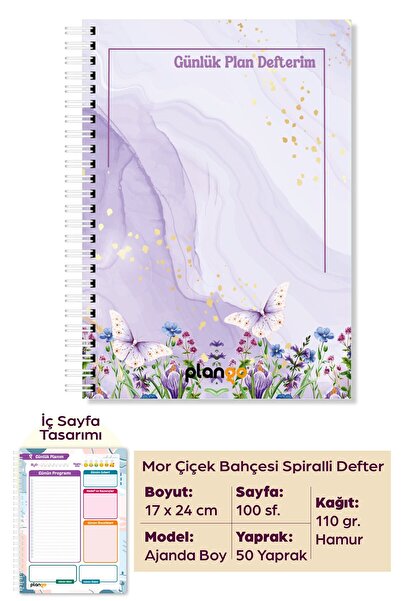 Plango Mor Çiçek Bahçesi Spiralli Günlük Planlama Defteri - 100 Sayfa - 17x24...