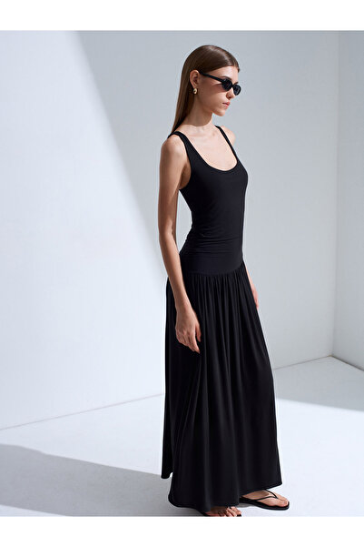 Dilvin 91544 Modal Blend Gathered Maxi Dress-Black
