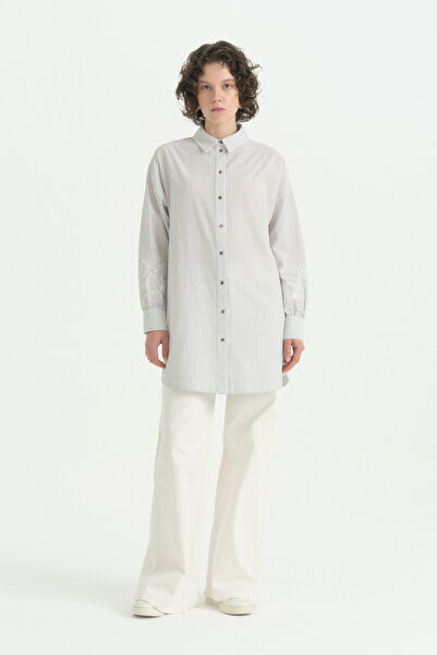 Nihan Striped Cotton Tunic with Embroidered Sleeves - Gray