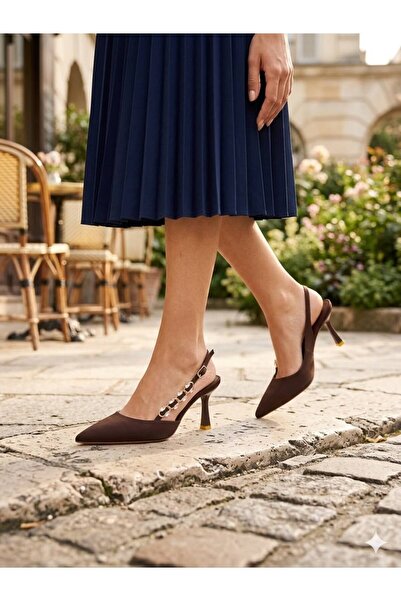 FELES 129-2704 Women's Open Back Heeled Shoes with Stones on the Side