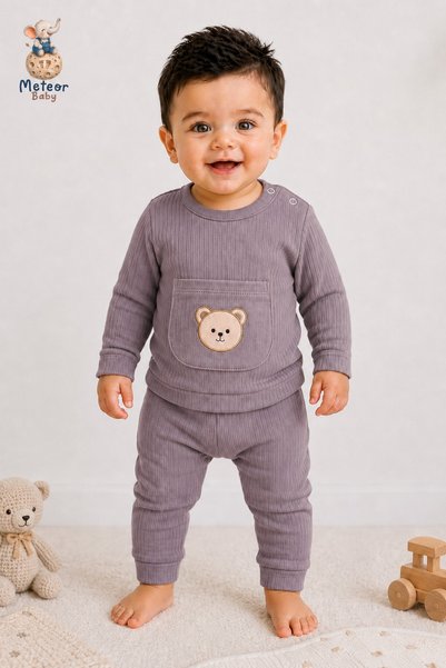 METEOR BABY Baby Boy Set - Children's Set - Teddy Bear Pocketed Ribbed Cotton Seasonal Top and Bottom Baby Set