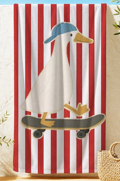 Evimde Bambaşka Duck with Skateboard Striped Kids Beach Towel - Red and White Fun Unisex Microfiber Towel