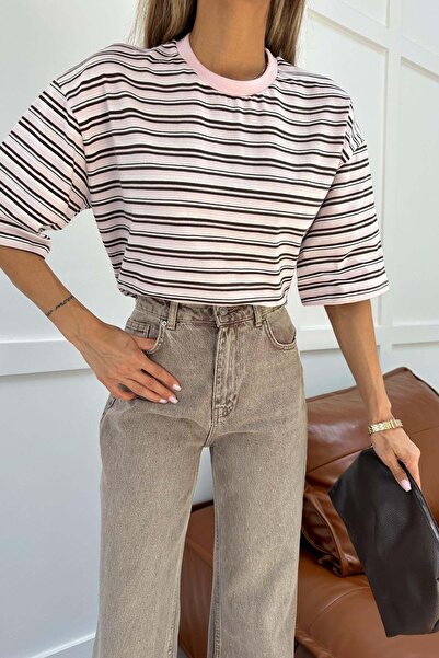 mylove Off-Shoulder Striped Tshirt Brown