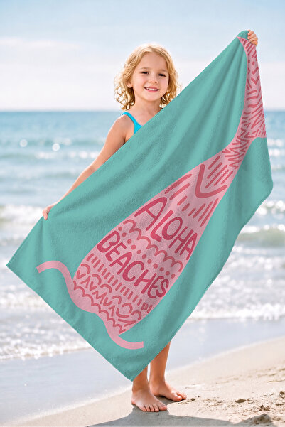 Evimde Bambaşka Mermaid Turquoise Pink Girls' Beach Towel - Tropical Summer S...