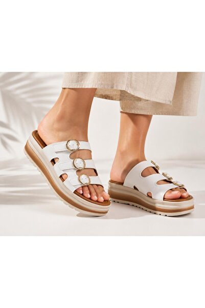 ROSETTE Women's White Wedge Heel Buckle Detailed Comfortable Daily Slippers