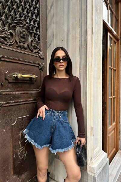 MODUMUZ RAHATLIK Women's High Waist Flounce Cut Tassel Detailed Jean Shorts