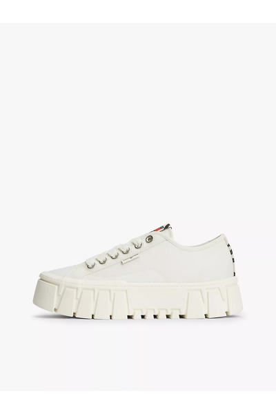 Tommy Hilfiger Kadın Platform Tabanlı Düşük Bilekli Desenli Ekru Sneaker