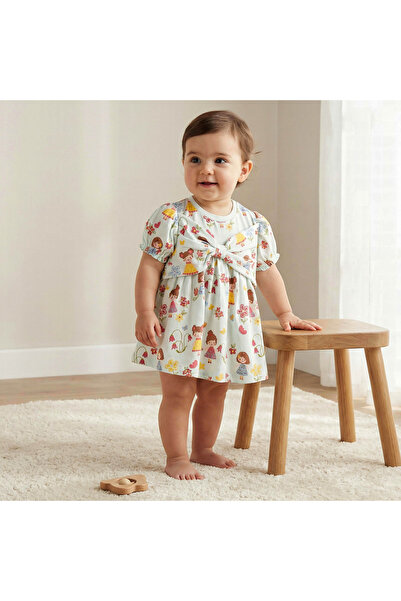 Juniors Round Neck Short Sleeves Dress with Print and Bow Detail