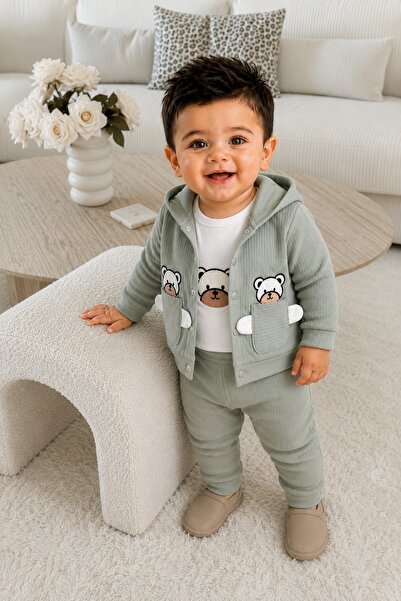 METEOR BABY Baby Boy Set - Children's Set - Hooded Teddy Bear Detailed Ribbed...