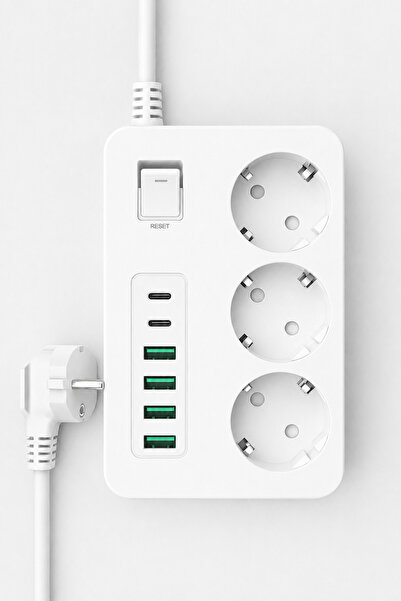 SMAYLİNG Akım Korumalı 3’lü Priz – 2×USB-C + 4×USB-A Hızlı Şarj, 2m Kablo, Çocuk Korumalı Çoklu Priz