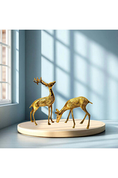 Al Athar Arts Brass Deer Statue Set – Handcrafted with Gold Finish