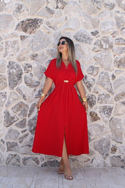 bytugcekaya Red Brooch Detail Waist Tie Dress