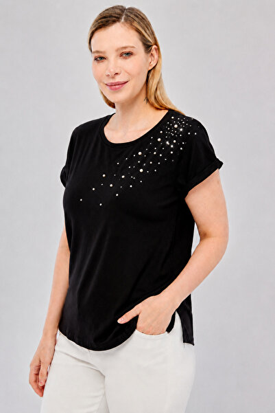 Curvy Trend Bluză cu mânecă scurtă, cu decolteu rotund, cu detaliu la manșetă...