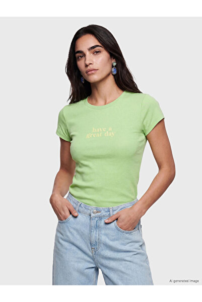 LC Waikiki Green printed 100% cotton women's t-shirt
