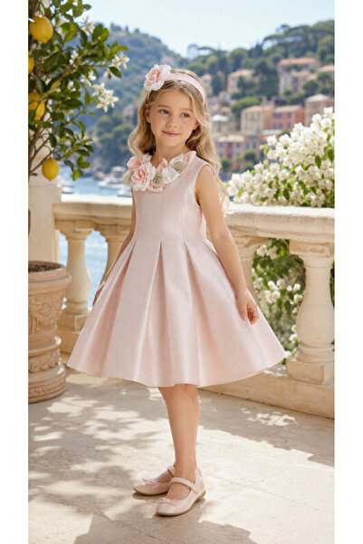 Pamina Girl's Evening Dress Collar Floral Pleated Puffy Gown and Headband Set...