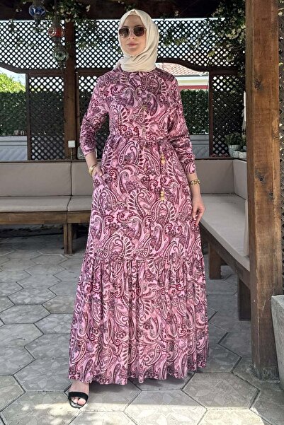 Rabia Şamlı Rengin Şal Desenli Gömlek Elbise Fuşya