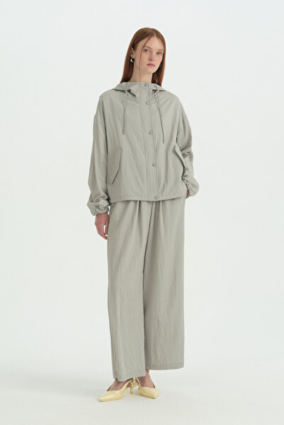 Nihan Hooded Rayon Jacket with Pocket Detail - Gray