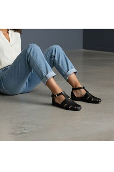 NE&VE SHOES Black Leather Buckle Women's Round Toe Sandals
