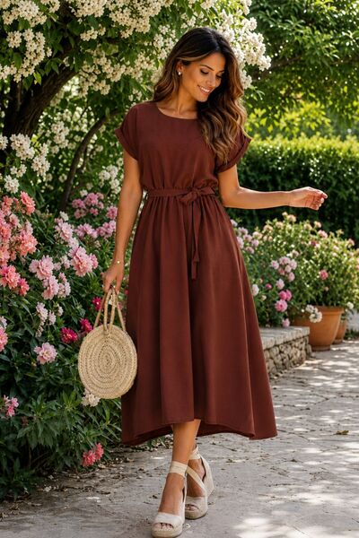 armonika Women's Brown Elastic Waist Tie Dress Arm-26Y001122