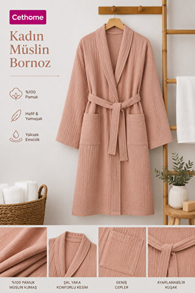 Weweus ÇetHome Pembe Renk Kemerli %100 Pamuklu Müslin Kumaş Bornoz