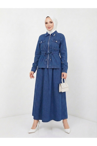 Eseyti Koyu Mavi Denim Tesettür Ceket ve Etek Kombin Takım
