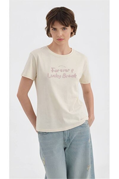tw3 Women's 100% Cotton T-Shirt with Sequin Text Embroidery Detail on the Front