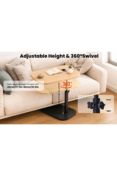HI-FINE C-Shaped End Table, Adjustable Height 360° Swivel Tabletop Coffee Tab...