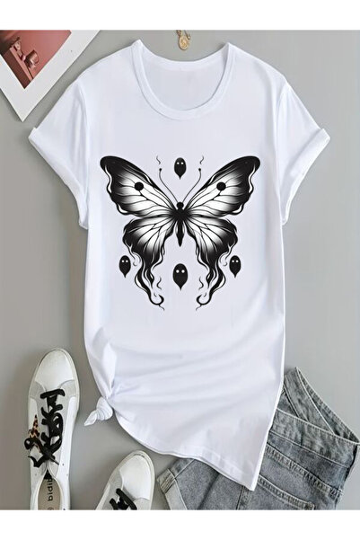 COZYWEAR Black Butterfly Printed White Oversize T-Shirt