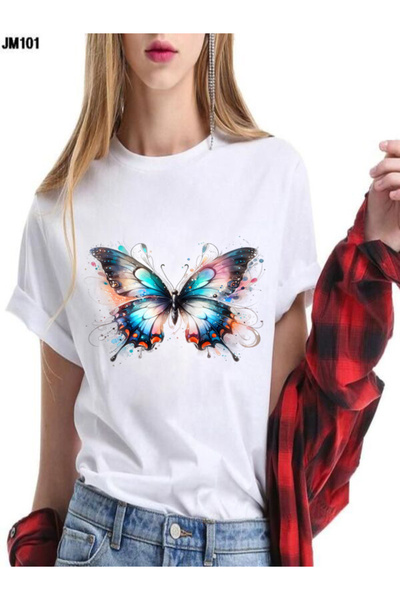 vorena Colorful Butterfly Printed White Oversize T-Shirt