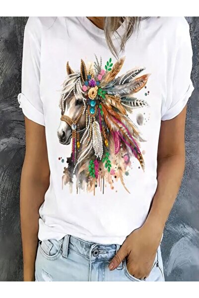 COZYWEAR Colorful Feather and Horse Figure Printed T-Shirt