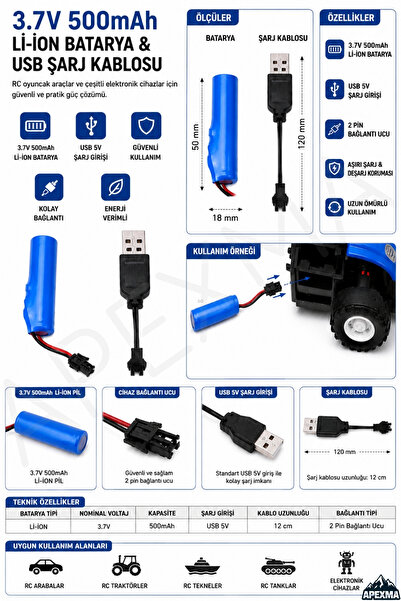 Apexma 3.7 Volt 500 Mah Şarj Edilebilir Şarjlı Pil ve Şarj Kablosu Seti - Kum...