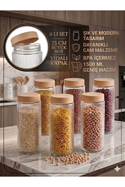 OLİAHOME 6'lı Büyük Boy 1500 Ml Cam Baharatlık Seti Vidalı Kapaklı Cam Saklam...